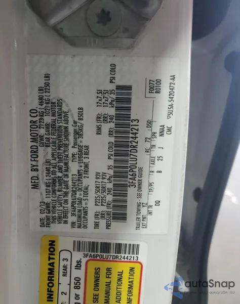 2013 Ford Fusion Se Hybrid from USA, damaged, VIN 3FA6P0LU7DR244213